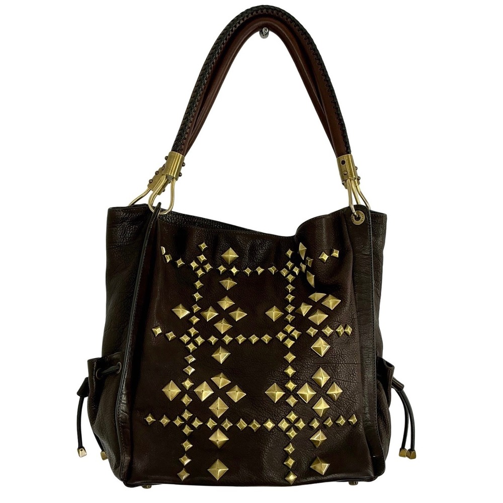 VTG Michael Kors Studded Leather Hobo Dark Brown Bag Gold Hardware Italy‎ Made